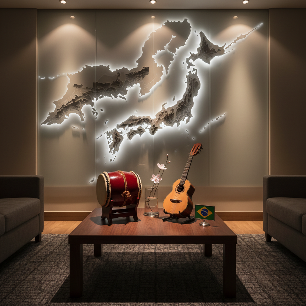 An intimate cultural fusion lounge space within the Reino Festa venue, designed with luxurious restraint. A low, dark walnut table holds a carefully arranged still life: a traditional Japanese taiko drum miniature with rich lacquered wood and taut white skin, a vintage Brazilian cavaquinho resting on a velvet-lined stand, and a minimalist glass vessel containing a single floating cherry blossom beside a small Brazilian flag pin in brushed metal. The table sits on a textured charcoal rug, backed by a sculptural wall featuring an abstract topographic map of Brazil and Japan in backlit frosted glass. Warm, directional accent lighting creates gentle pools of light and soft shadows. Photographic realism, shot at eye level with a medium depth of field, generates a serene, contemplative atmosphere of cross-cultural appreciation.