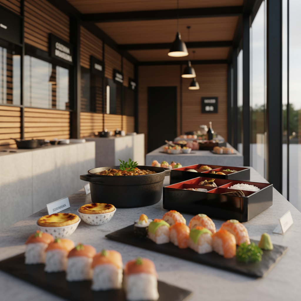 An elegantly curated festival gastronomy pavilion, designed as a long, minimalist structure with warm wood slats and matte black metal framing. On polished stone counters, meticulously arranged Brazilian and Japanese dishes appear as art objects: colorful sushi on slate platters beside refined pastel de nata on porcelain, feijoada presented in a sleek cast-iron pot next to delicate lacquered bento boxes. Discreet bilingual signage in Portuguese and Japanese is set in a clean sans-serif typeface. Soft, diffused overhead lighting combines with late afternoon natural light streaming through glass panels, casting gentle reflections on the surfaces. Photographic realism, eye-level composition with a shallow depth of field that keeps the foreground plates in crisp focus while the pavilion architecture recedes smoothly, creating a luxurious, cosmopolitan culinary mood.