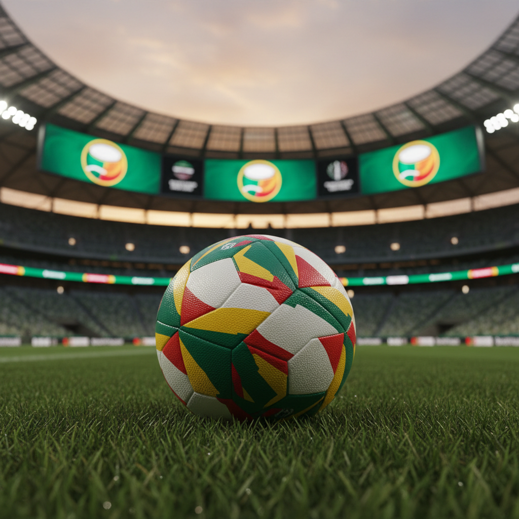 A sophisticated homage to legendary football, featuring a single, impeccably crafted match ball resting on a perfectly manicured pitch within a modern stadium. The ball’s design subtly weaves together Brazilian yellow and green with Japanese red and white in clean geometric patterns, rendered in premium textured leather with visible stitching. In the distance, large digital boards display an abstract festival logo that hints at both cultures through minimalist iconography. The setting is lit by balanced stadium lighting softened by the warm glow of an evening sky visible through the open roof. Photographic realism, low-angle perspective close to the grass blades, with a shallow depth of field, emphasizes the ball in sharp focus while the stadium architecture forms an elegant, blurred backdrop, conveying heritage, precision and grandeur.