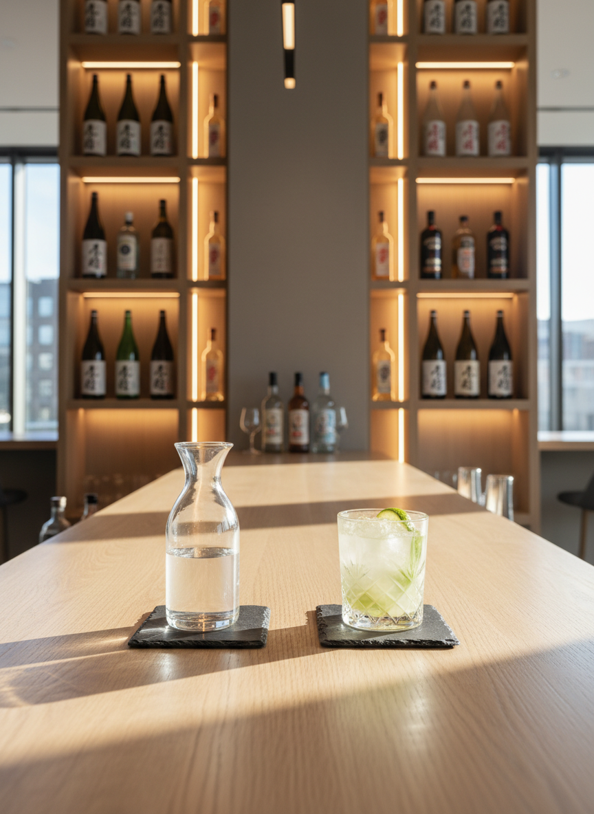 A serene daytime scene showcasing a premium sake and caipirinha bar concept, without patrons. A long, pale oak counter runs horizontally across the frame, its grain subtly illuminated by natural light from unseen floor-to-ceiling windows. On the counter, a crystal-clear glass decanter of sake and a precisely cut-glass tumbler with a lime-forward caipirinha are positioned as twin focal points, each on its own black slate coaster. Behind them, built-in shelving displays a carefully curated selection of sleek sake bottles and artisanal Brazilian cachaça, arranged symmetrically. Soft, diffused daylight mixes with understated warm LED strips along the shelves, producing gentle reflections on glass surfaces. Photographic realism, shot at a slightly elevated angle with shallow depth of field, evokes a polished, cosmopolitan, cross-cultural tasting experience.