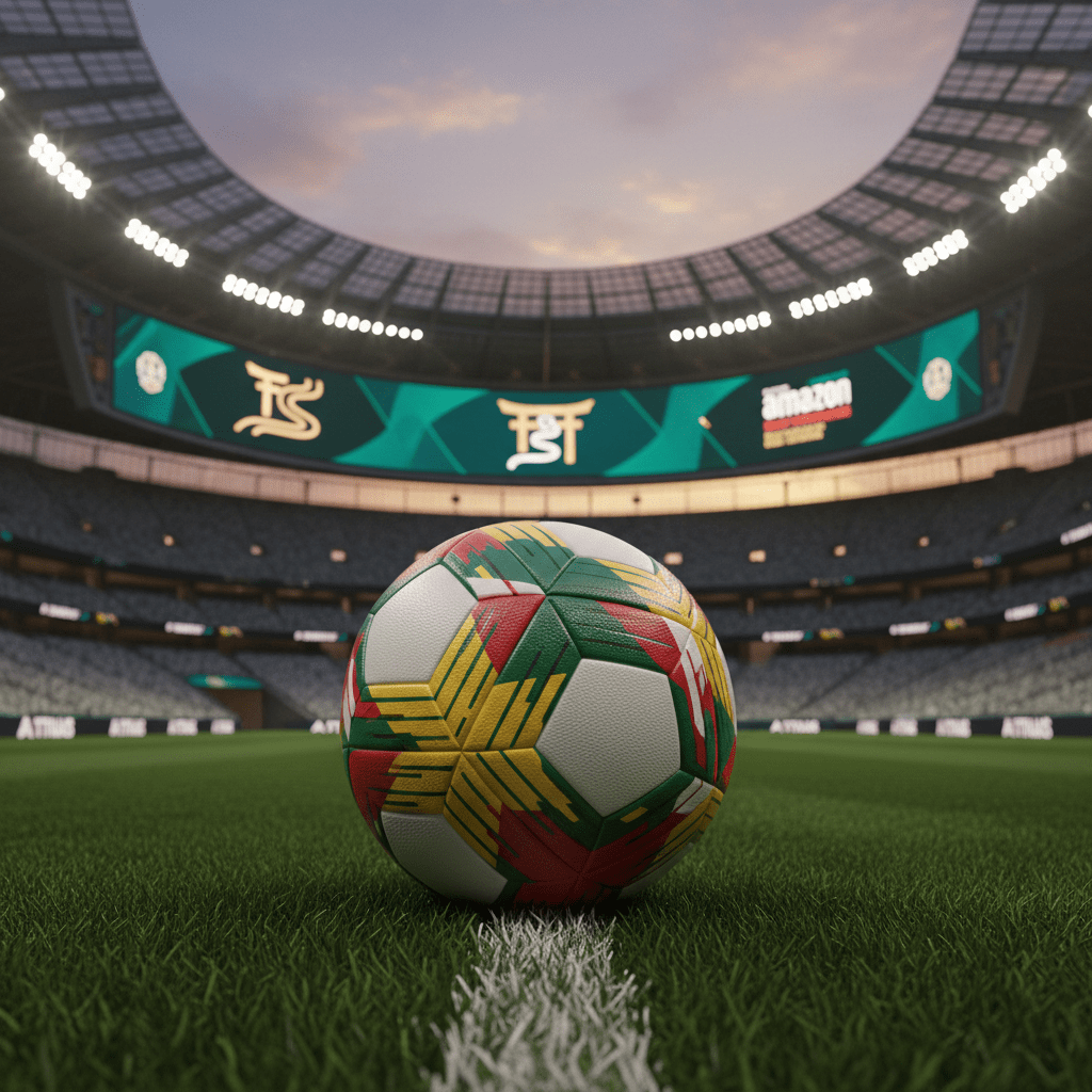 A sophisticated homage to legendary football, featuring a single, impeccably crafted match ball resting on a perfectly manicured pitch within a modern stadium. The ball’s design subtly weaves together Brazilian yellow and green with Japanese red and white in clean geometric patterns, rendered in premium textured leather with visible stitching. In the distance, large digital boards display an abstract festival logo that hints at both cultures through minimalist iconography. The setting is lit by balanced stadium lighting softened by the warm glow of an evening sky visible through the open roof. Photographic realism, low-angle perspective close to the grass blades, with a shallow depth of field, emphasizes the ball in sharp focus while the stadium architecture forms an elegant, blurred backdrop, conveying heritage, precision and grandeur.