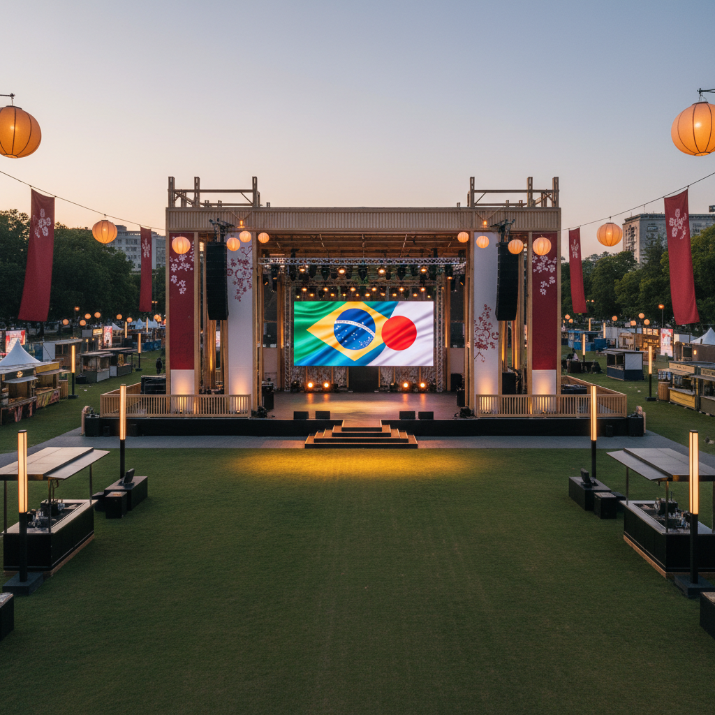 A refined festival main stage at twilight, blending Brazilian and Japanese aesthetics. A sleek, open-air structure with clean architectural lines rises above a lush urban park, draped with discreet red and gold banners and minimal cherry blossom motifs. At the center, a large, high-definition LED screen displays an abstract fusion of the Brazilian and Japanese flags in elegant gradients. Subtle spotlights and soft golden hour light create a sophisticated glow, with gently illuminated lanterns and modern light pylons framing the scene. Captured in photographic realism from a slightly elevated, wide-angle perspective, with sharp focus throughout, the atmosphere feels anticipatory, cosmopolitan and cultured, suggesting music, gastronomy and legendary football without showing any people.