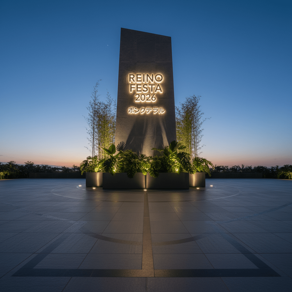 A refined evening view of the Reino Festa 2026 entrance plaza, focusing on the architectural signage rather than crowds. A tall, monolithic stone totem with a smooth, matte surface bears the words “Reino Festa 2026” in backlit, precision-cut lettering, paired with understated Japanese and Brazilian characters beneath. Around the base, minimalist planters contain meticulously pruned bamboo and tropical foliage, their leaves catching subtle highlights. The plaza’s ground is composed of large-format slate tiles with a discreet inlaid pattern suggesting a football pitch. Ambient lighting from recessed floor fixtures casts gentle uplighting on the signage, while a cool blue twilight sky frames the scene. Photographic realism, wide-angle composition with strong leading lines, conveys exclusivity, elegance and a sense of arrival.