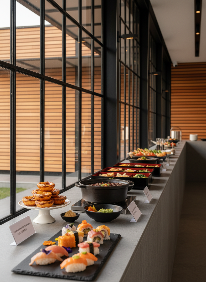 An elegantly curated festival gastronomy pavilion, designed as a long, minimalist structure with warm wood slats and matte black metal framing. On polished stone counters, meticulously arranged Brazilian and Japanese dishes appear as art objects: colorful sushi on slate platters beside refined pastel de nata on porcelain, feijoada presented in a sleek cast-iron pot next to delicate lacquered bento boxes. Discreet bilingual signage in Portuguese and Japanese is set in a clean sans-serif typeface. Soft, diffused overhead lighting combines with late afternoon natural light streaming through glass panels, casting gentle reflections on the surfaces. Photographic realism, eye-level composition with a shallow depth of field that keeps the foreground plates in crisp focus while the pavilion architecture recedes smoothly, creating a luxurious, cosmopolitan culinary mood.