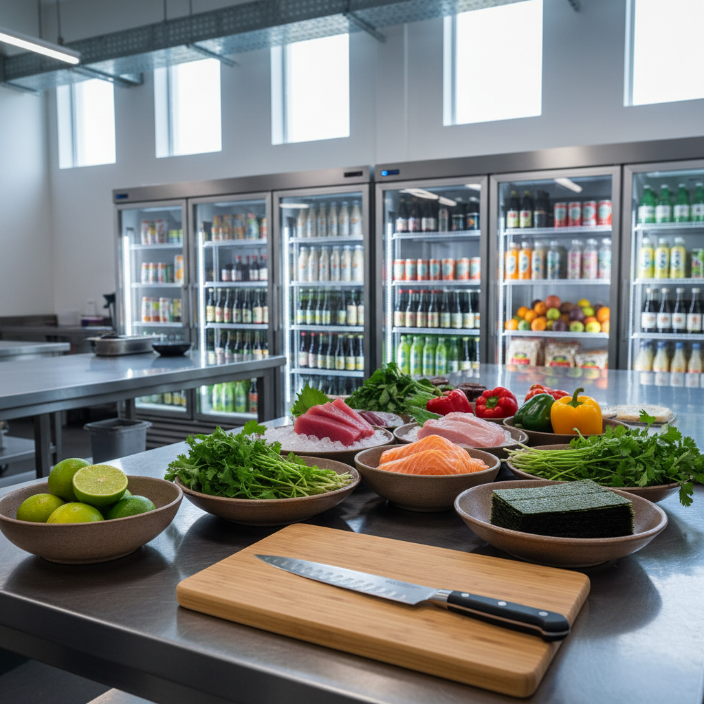 A tranquil morning preparation scene in the festival’s backstage gastronomy area, devoid of staff yet alive with detail. Stainless steel prep tables gleam under soft, cool-toned overhead LEDs, while diffuse daylight filters through high clerestory windows. On one central table lies a meticulously organized mise en place: bright green limes, fresh cilantro, glistening sashimi-grade fish, vibrant peppers, and neatly folded nori sheets, each in separate matte ceramic bowls. A pristine chef’s knife with a Damascus steel pattern rests parallel to a bamboo cutting board. In the background, refrigerated glass displays hold both Japanese and Brazilian ingredients, their labels neatly aligned. Photographic realism, captured from an eye-level, three-quarter perspective with medium depth of field, conveys disciplined craftsmanship, anticipation and a refined culinary energy.