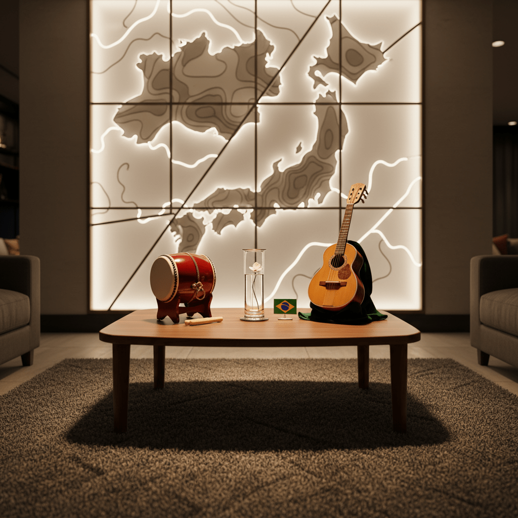 An intimate cultural fusion lounge space within the Reino Festa venue, designed with luxurious restraint. A low, dark walnut table holds a carefully arranged still life: a traditional Japanese taiko drum miniature with rich lacquered wood and taut white skin, a vintage Brazilian cavaquinho resting on a velvet-lined stand, and a minimalist glass vessel containing a single floating cherry blossom beside a small Brazilian flag pin in brushed metal. The table sits on a textured charcoal rug, backed by a sculptural wall featuring an abstract topographic map of Brazil and Japan in backlit frosted glass. Warm, directional accent lighting creates gentle pools of light and soft shadows. Photographic realism, shot at eye level with a medium depth of field, generates a serene, contemplative atmosphere of cross-cultural appreciation.