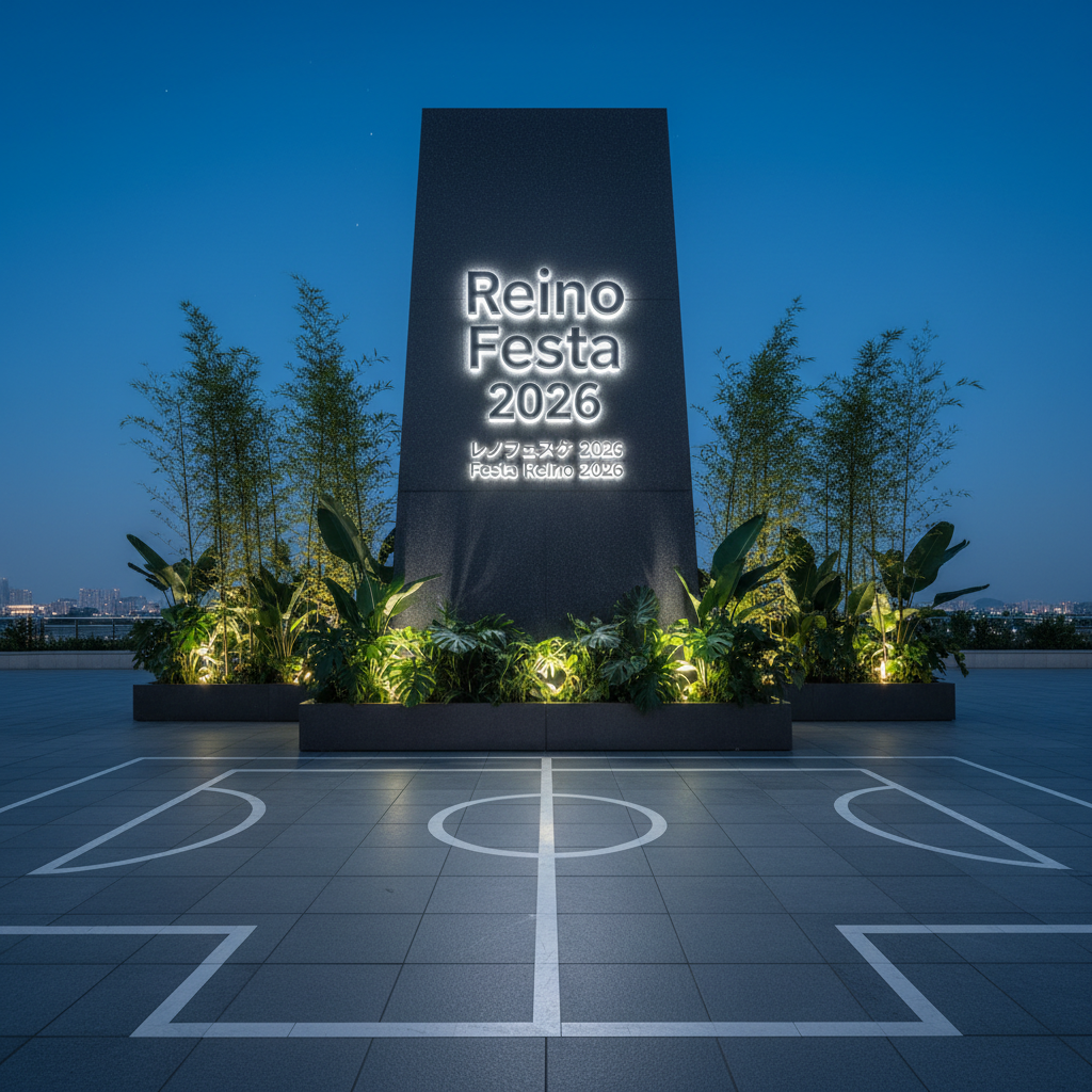 A refined evening view of the Reino Festa 2026 entrance plaza, focusing on the architectural signage rather than crowds. A tall, monolithic stone totem with a smooth, matte surface bears the words “Reino Festa 2026” in backlit, precision-cut lettering, paired with understated Japanese and Brazilian characters beneath. Around the base, minimalist planters contain meticulously pruned bamboo and tropical foliage, their leaves catching subtle highlights. The plaza’s ground is composed of large-format slate tiles with a discreet inlaid pattern suggesting a football pitch. Ambient lighting from recessed floor fixtures casts gentle uplighting on the signage, while a cool blue twilight sky frames the scene. Photographic realism, wide-angle composition with strong leading lines, conveys exclusivity, elegance and a sense of arrival.